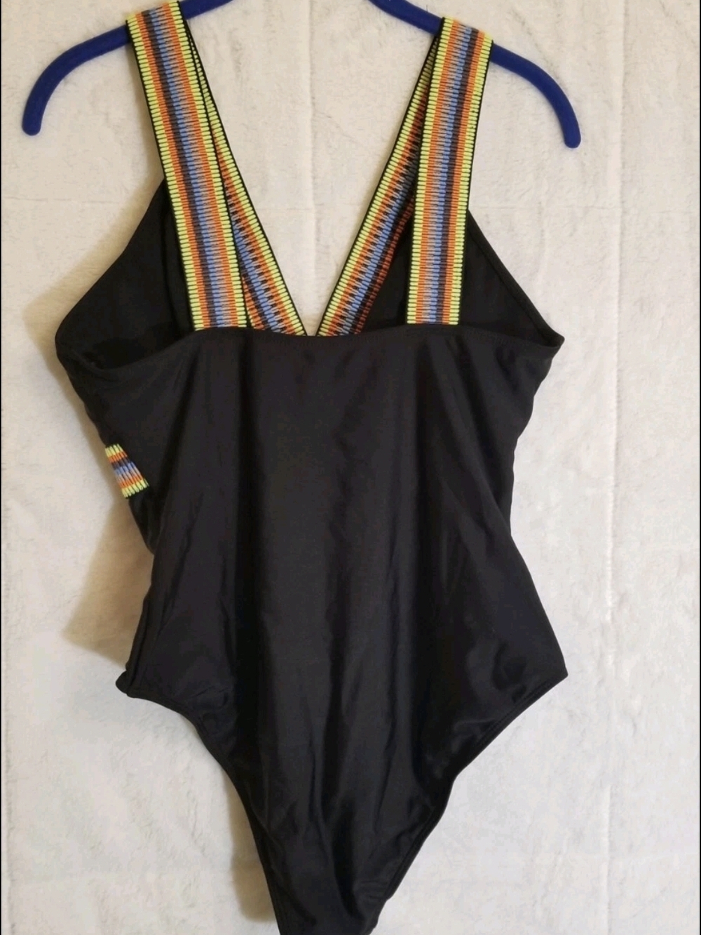 Shein Curve Black One-Piece Swimsuit with Colorful Striped Trim - Picture 10 of 11